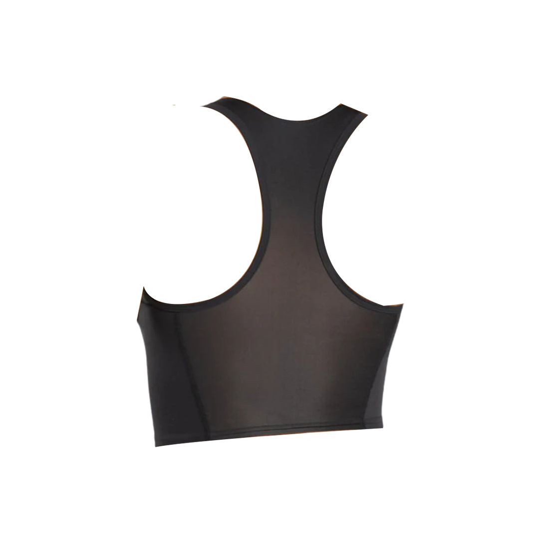 Back view of black sports bra with racerback design.