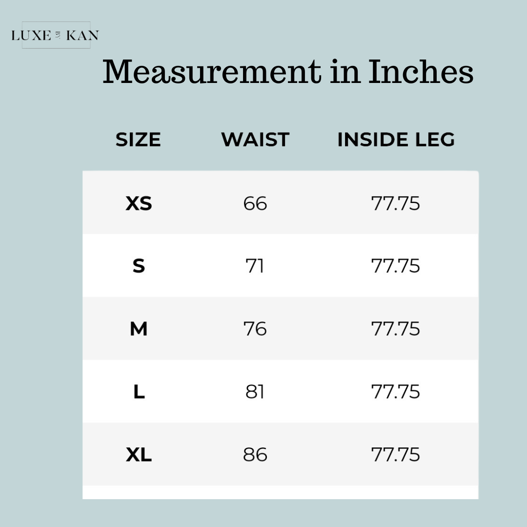 Size chart displaying waist measurements in inches for XS to XL, with a consistent inside leg measurement of 77.75 inches.