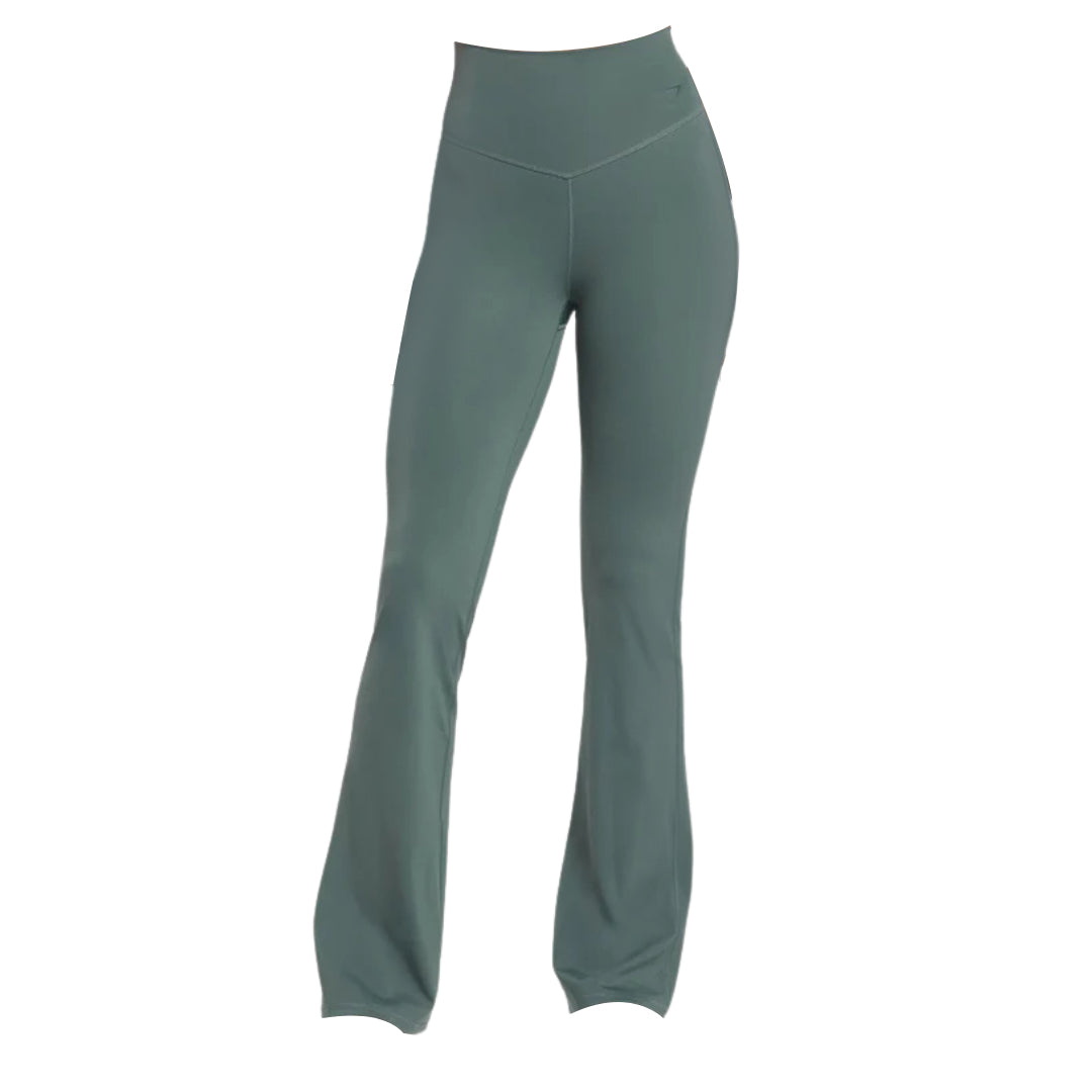 High-waisted, flared leggings in a muted green color, featuring a sleek design suitable for workouts or casual wear.