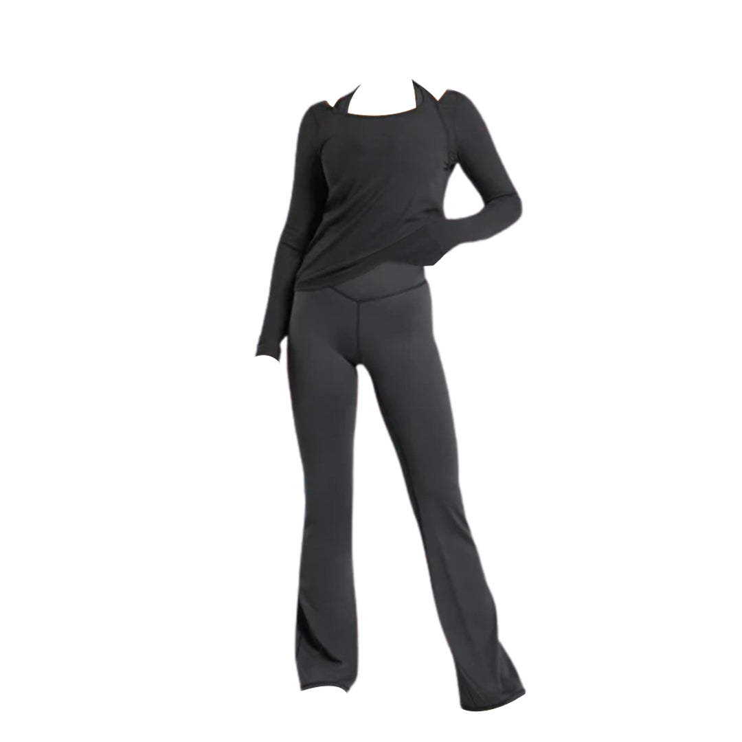A black athleisure outfit featuring a long-sleeve top and fitted flared pants, displayed without a model.