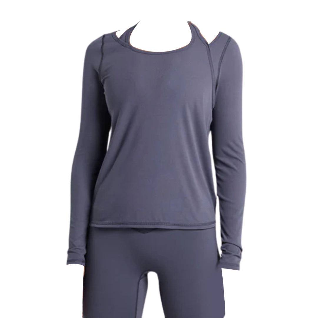 Long-sleeve athletic top in dark gray, featuring a scoop neck and stylish cut-out details on the shoulders, perfect for workouts.