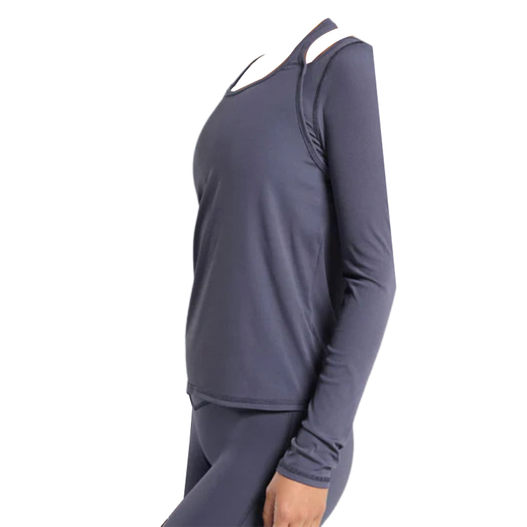 A dark gray Elevate long-sleeve athletic top with unique strap detailing, paired with matching leggings.