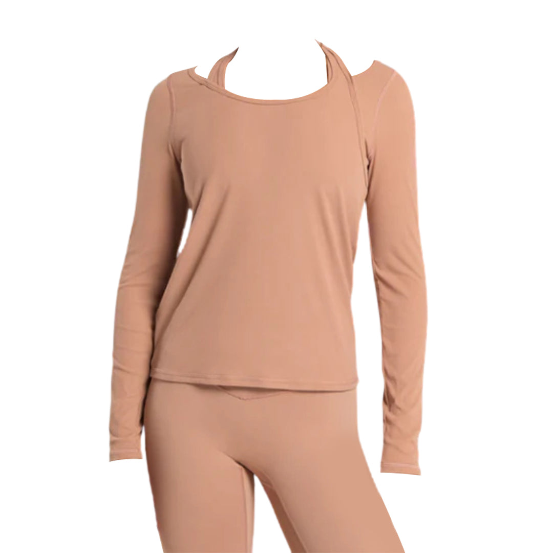 Long-sleeve, light brown top with an off-shoulder design, paired with matching bottoms, featuring a relaxed fit and soft fabric.