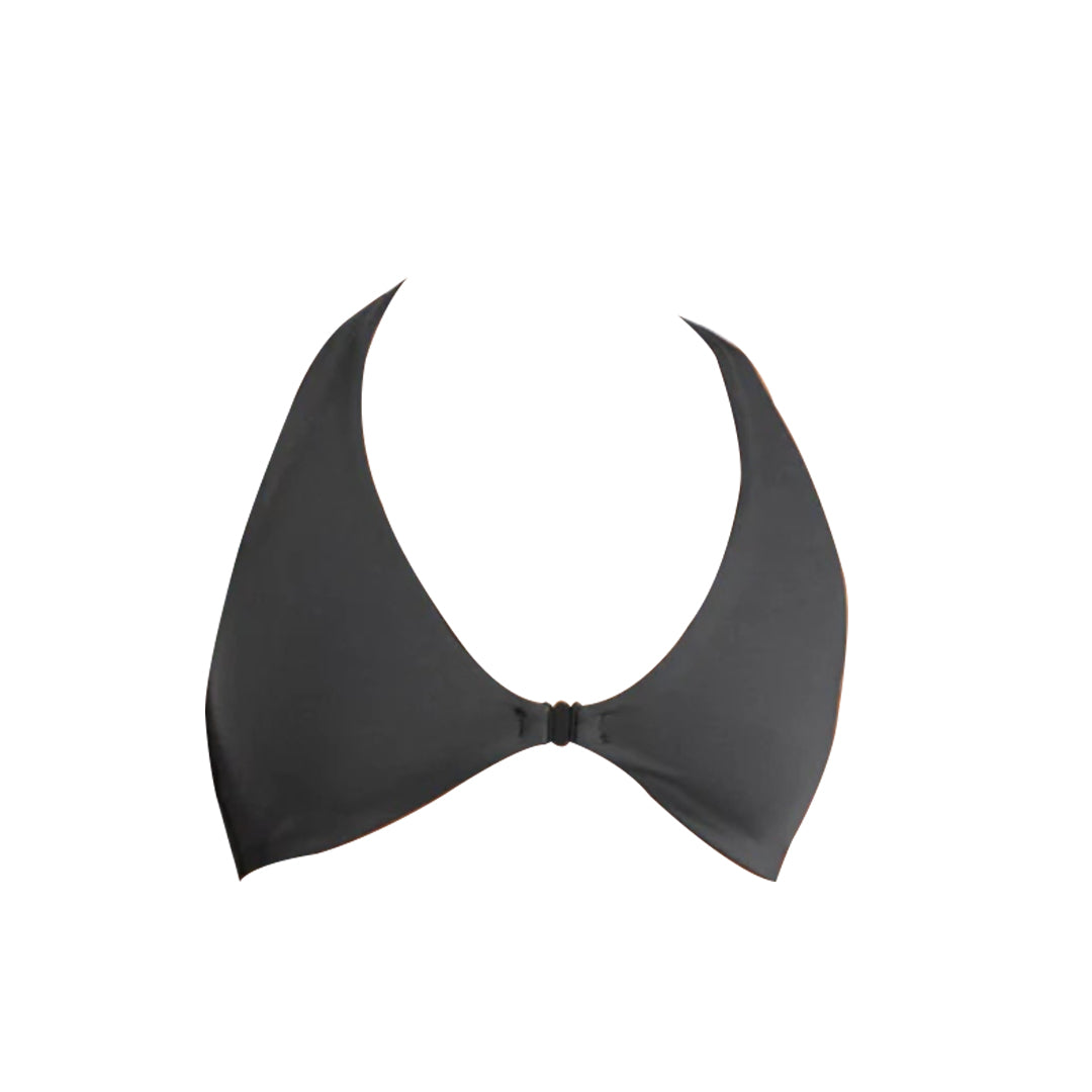 Black bikini top with a halter neck design and a subtle center clasp, perfect for beach or pool wear.