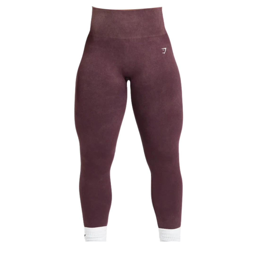 Maroon Gymshark seamless leggings with white logo detail.