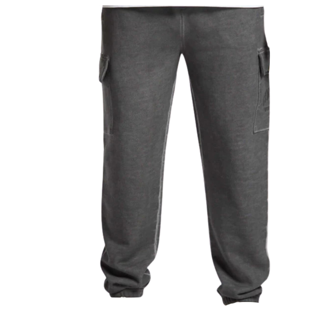 Gray sweatpants with side cargo pockets, featuring a relaxed fit and cuffed ankles.