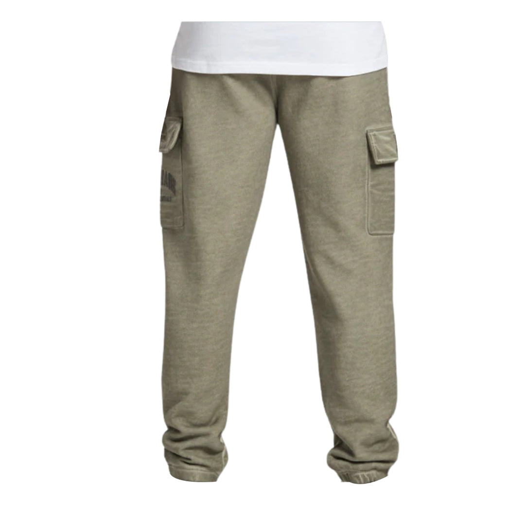 Olive green cargo sweatpants with two side pockets and a relaxed fit, paired with a plain white t-shirt.