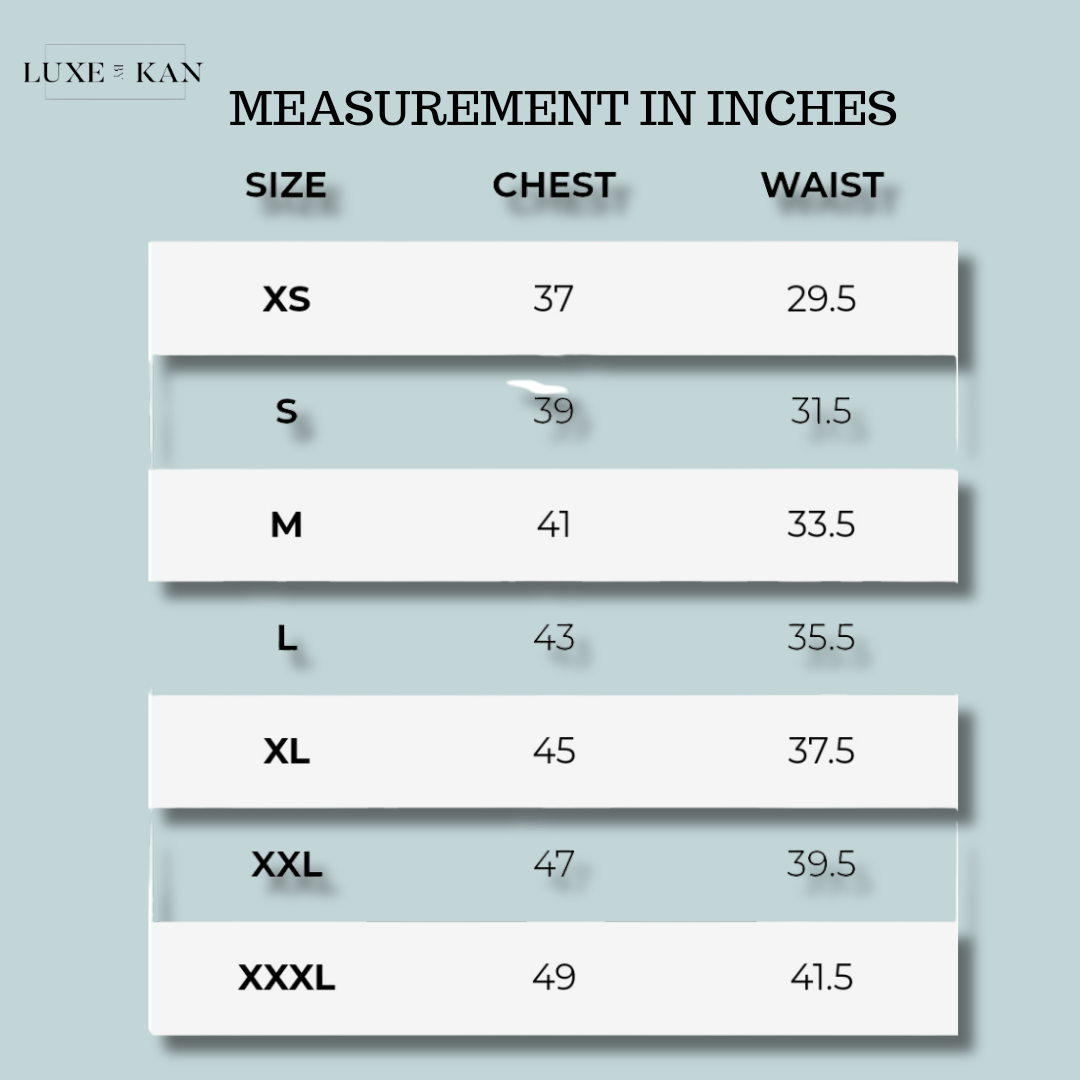 Gymshark t-shirt Size chart showing chest and waist measurements in inches from XS (37/29.5) to XXXL (49/41.5).
