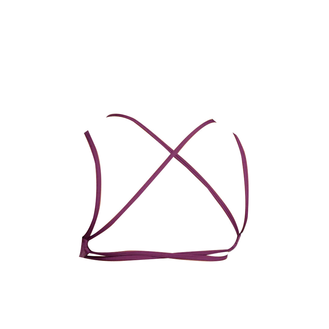Maroon strappy bralette with an intricate crisscross back design, showcasing simplicity and elegance in lingerie fashion.