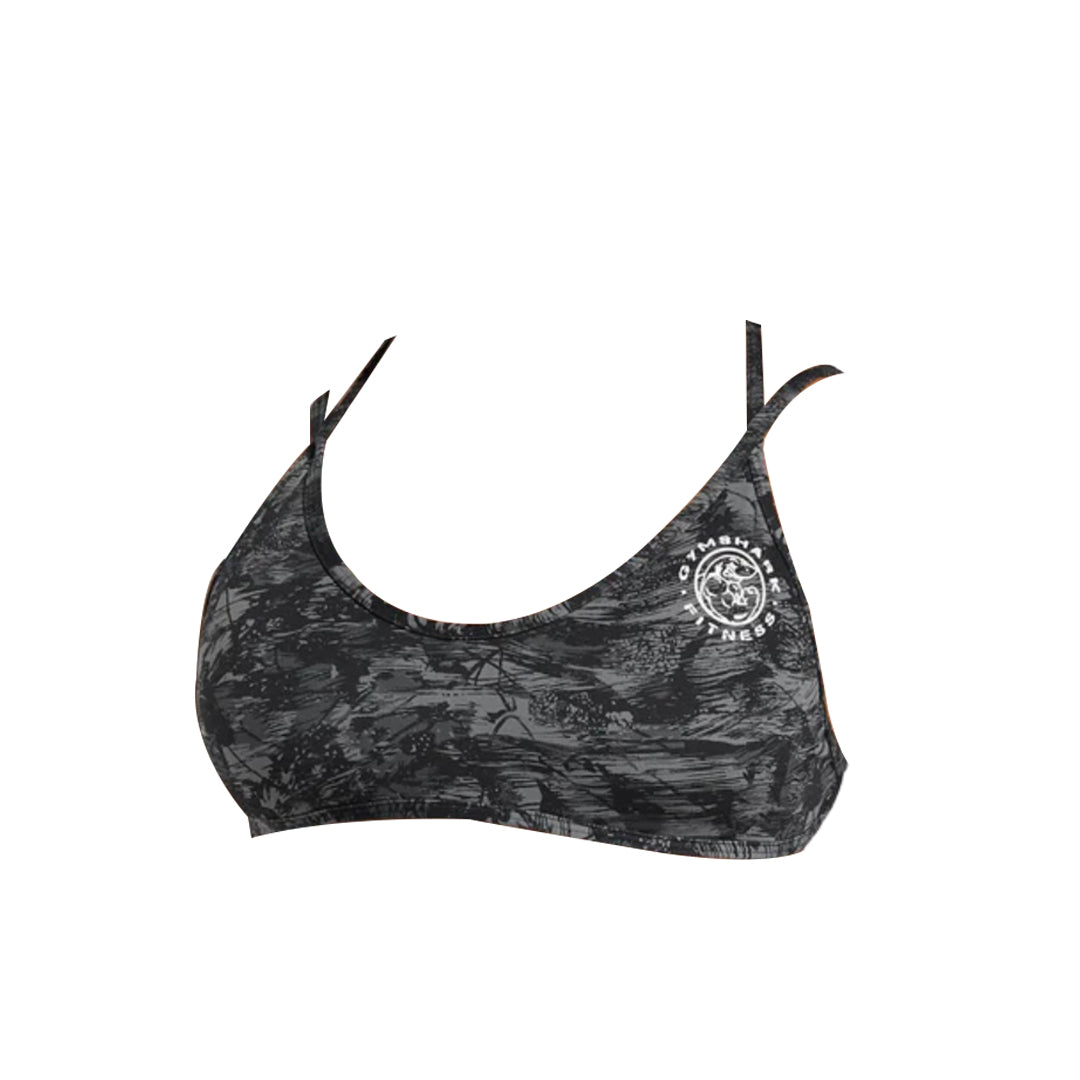 Black and gray patterned sports bra with thin straps and a white "Gymshark Fitness" logo on the side.