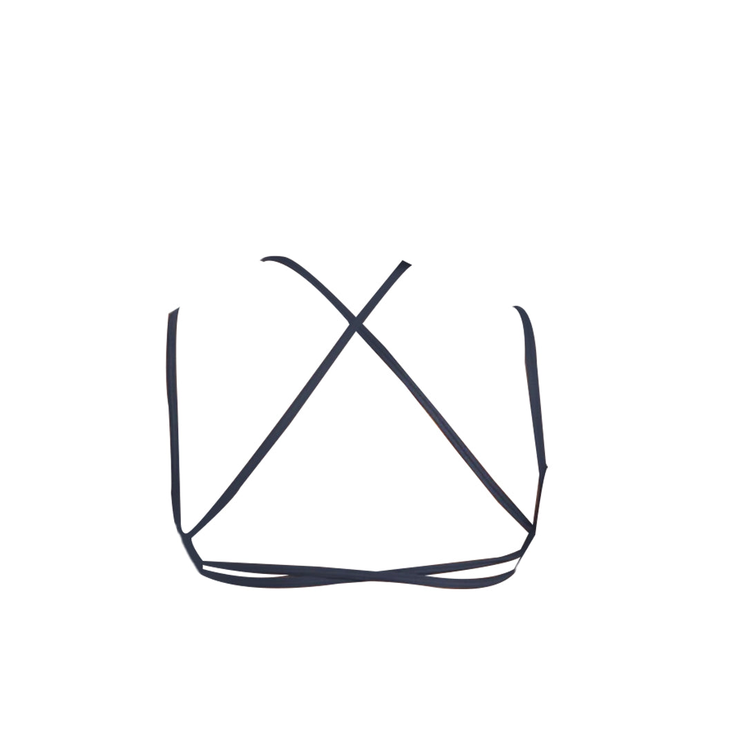 Back view of a stylish black bra featuring crisscross straps, showcased against a plain white background.
