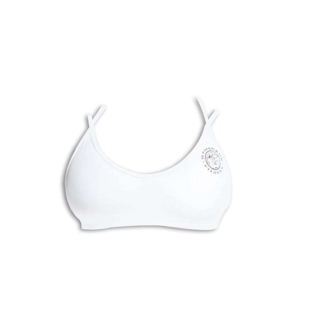 White bralette with adjustable straps and a small logo on one side, featuring a smooth, seamless design ideal for comfort.