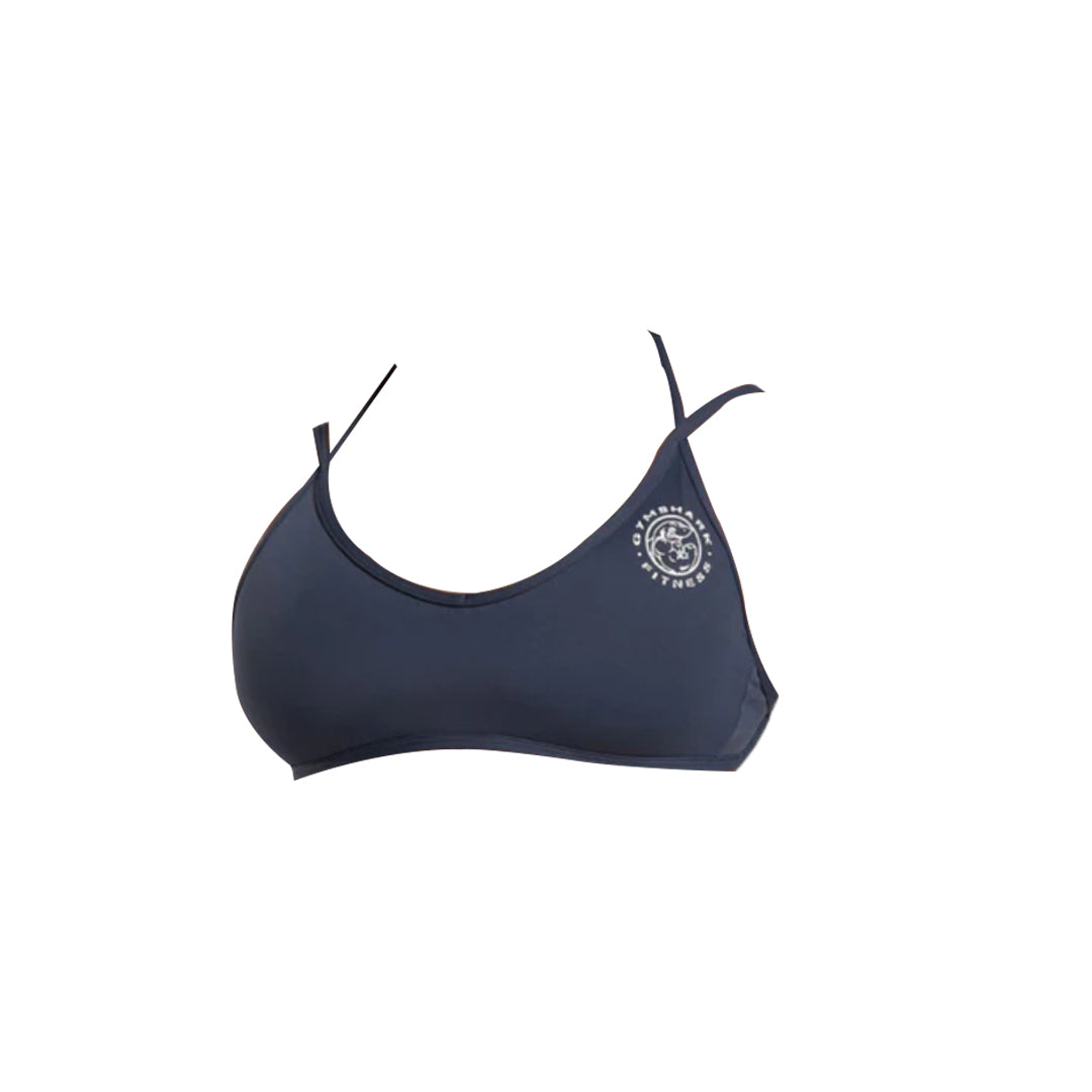 Navy blue sports bra with thin straps and a circular logo reading "Fitness" on the side, designed for comfort and active wear.