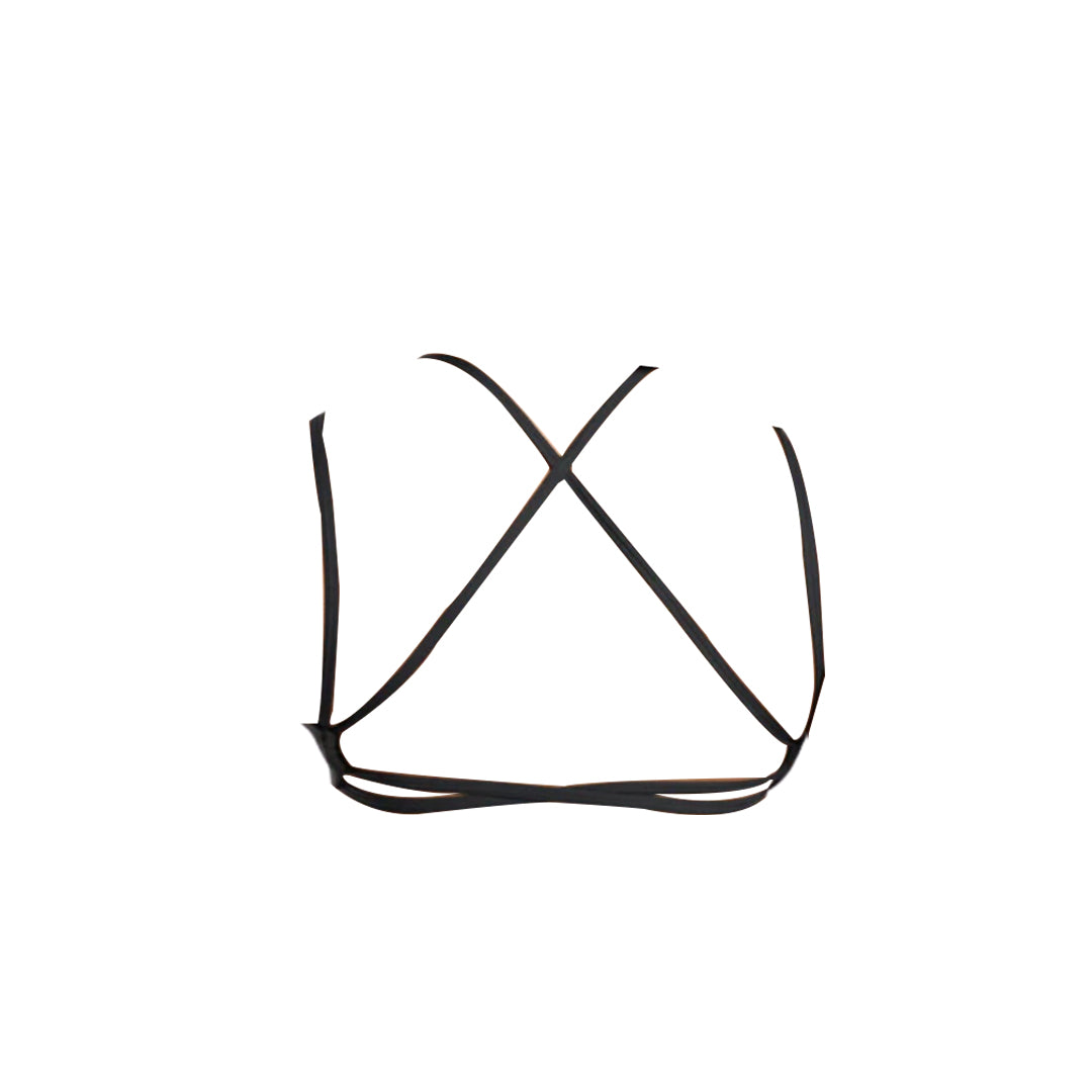 A black strappy bra displayed from the back, featuring crossed straps and a minimalistic design on a white background.