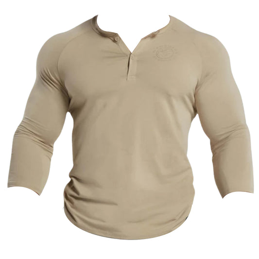 Beige long-sleeve henley shirt with a relaxed fit, featuring a buttoned neckline and subtle logo detailing on the chest.