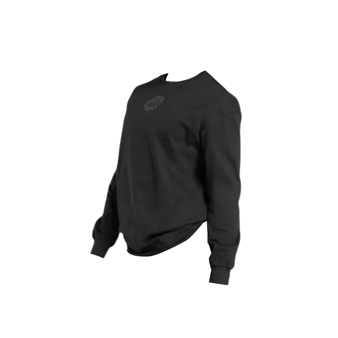 Black long-sleeve sweatshirt with a round neckline and a decorative circular design on the front, displayed without a model.