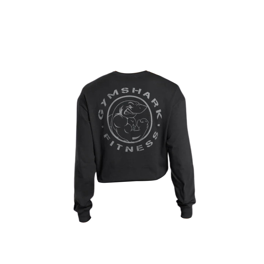 Black cropped sweatshirt featuring a large Gymshark Fitness logo and muscular graphic on the back. Ideal for gym wear.