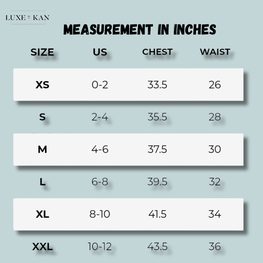 Gymshark sizing chart displaying measurements in inches for women's clothing: XS to XXL, including chest and waist sizes.