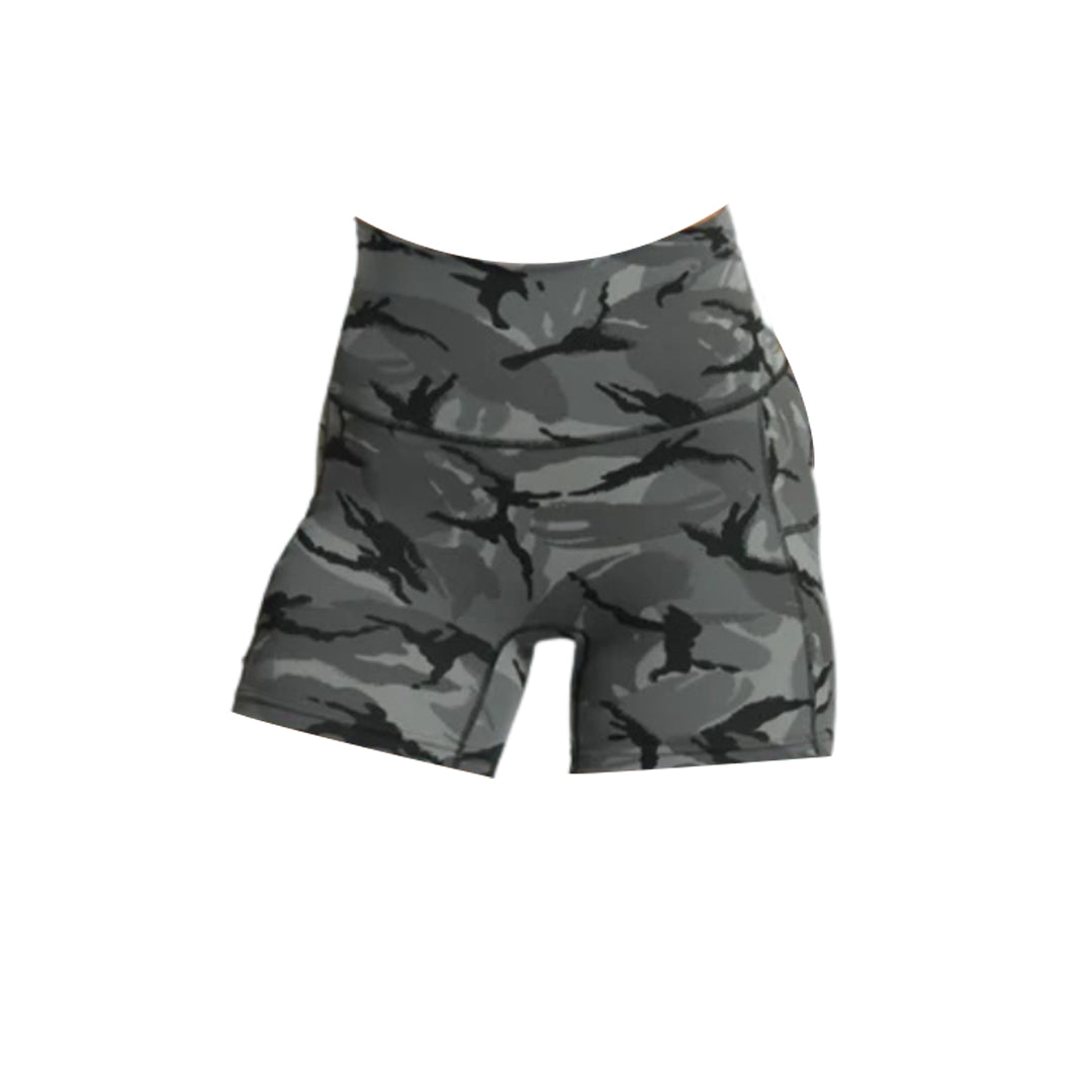 Gymshark legacy high-waisted running shorts in grey camouflage print.