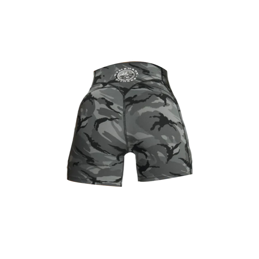 Back view of Gymshark Legacy camouflage-patterned shorts featuring a high waist and form-fitting design, with the Gymshark logo visible on the back waistband.