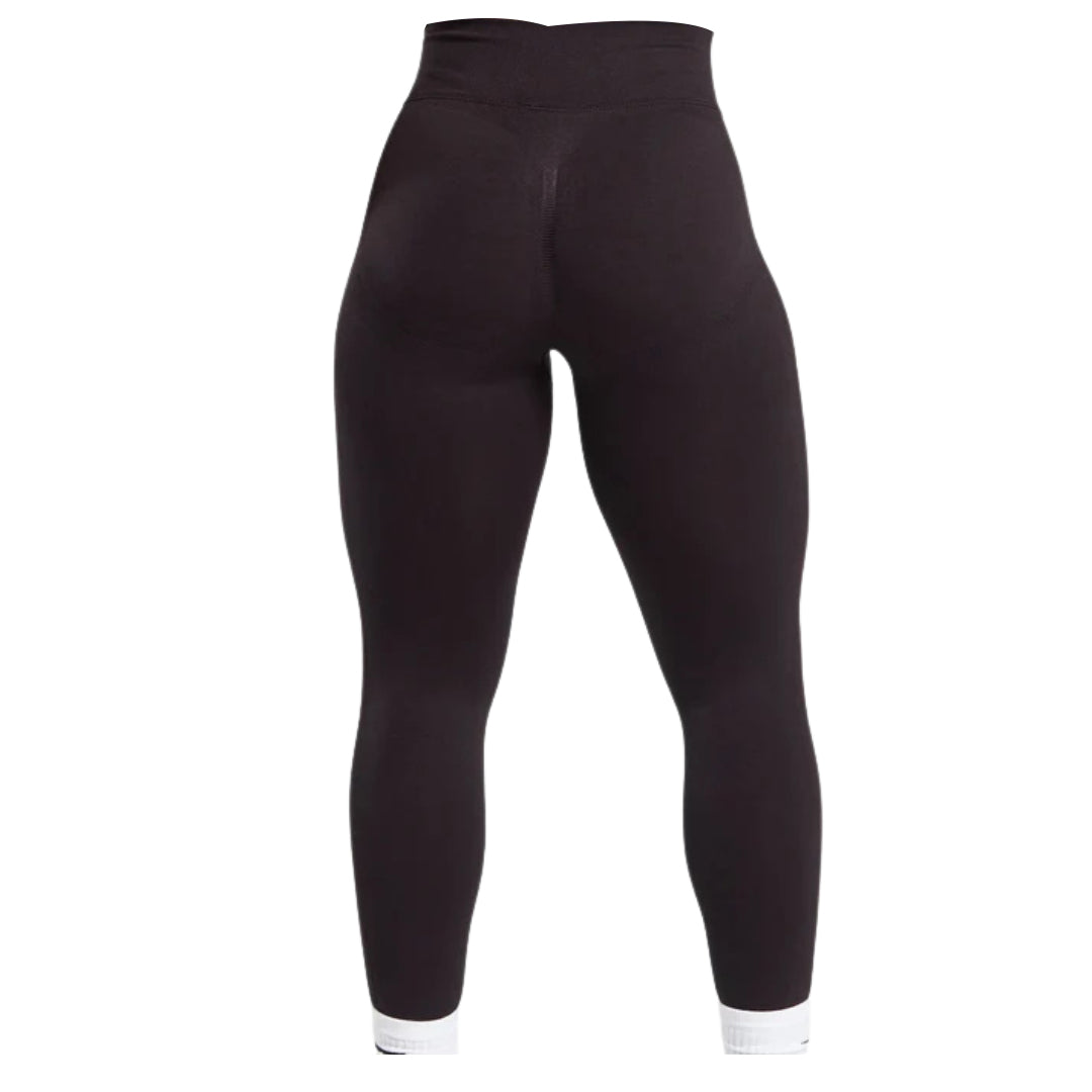Black high-waisted leggings with a smooth finish and a snug fit, showcasing their sleek design from the back view.