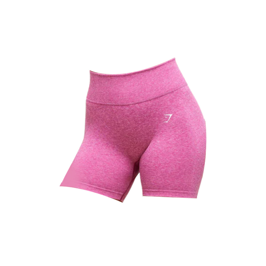 Close up of Gymshark lift contour seamless shorts, heather pink, with a white Gymshark logo printed on the upper left side.
