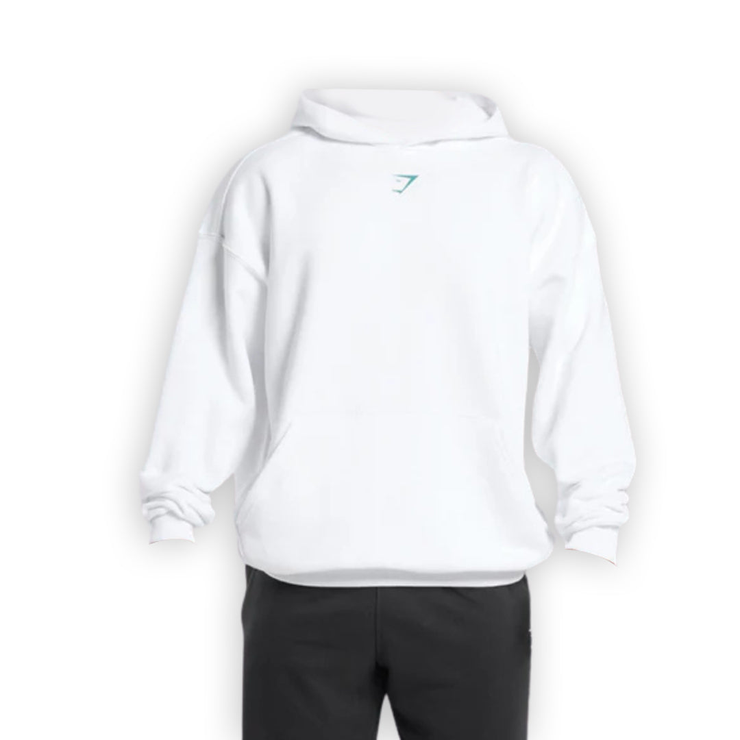 A white oversized hoodie with a subtle logo on the chest, paired with dark pants, displaying a casual and stylish look.