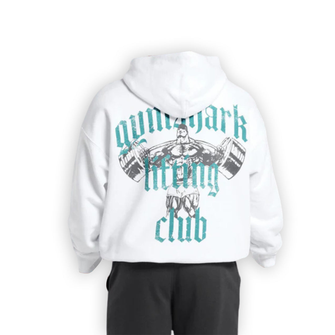 White hoodie featuring a strongman graphic and "Gymshark Lifting Club" text in teal. Ideal for fitness enthusiasts.