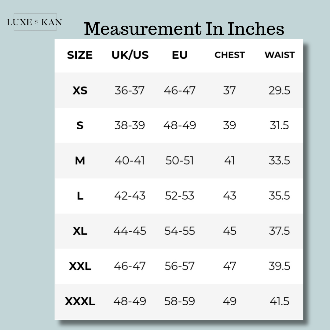 Size chart displaying UK/US, EU sizes, chest and waist measurements in inches from XS to XXXL, with a soft blue background.