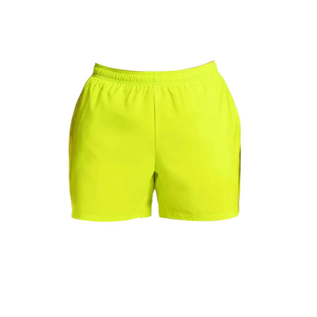 Bright neon yellow athletic shorts with an elastic waistband and two side pockets. Ideal for sports and outdoor activities.