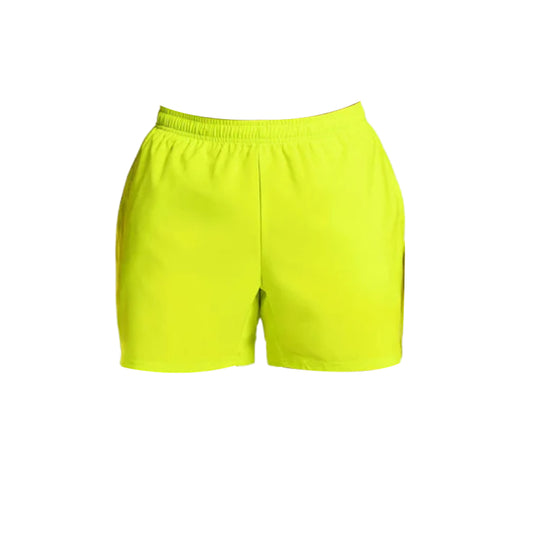 Bright neon yellow athletic shorts with an elastic waistband and two side pockets. Ideal for sports and outdoor activities.