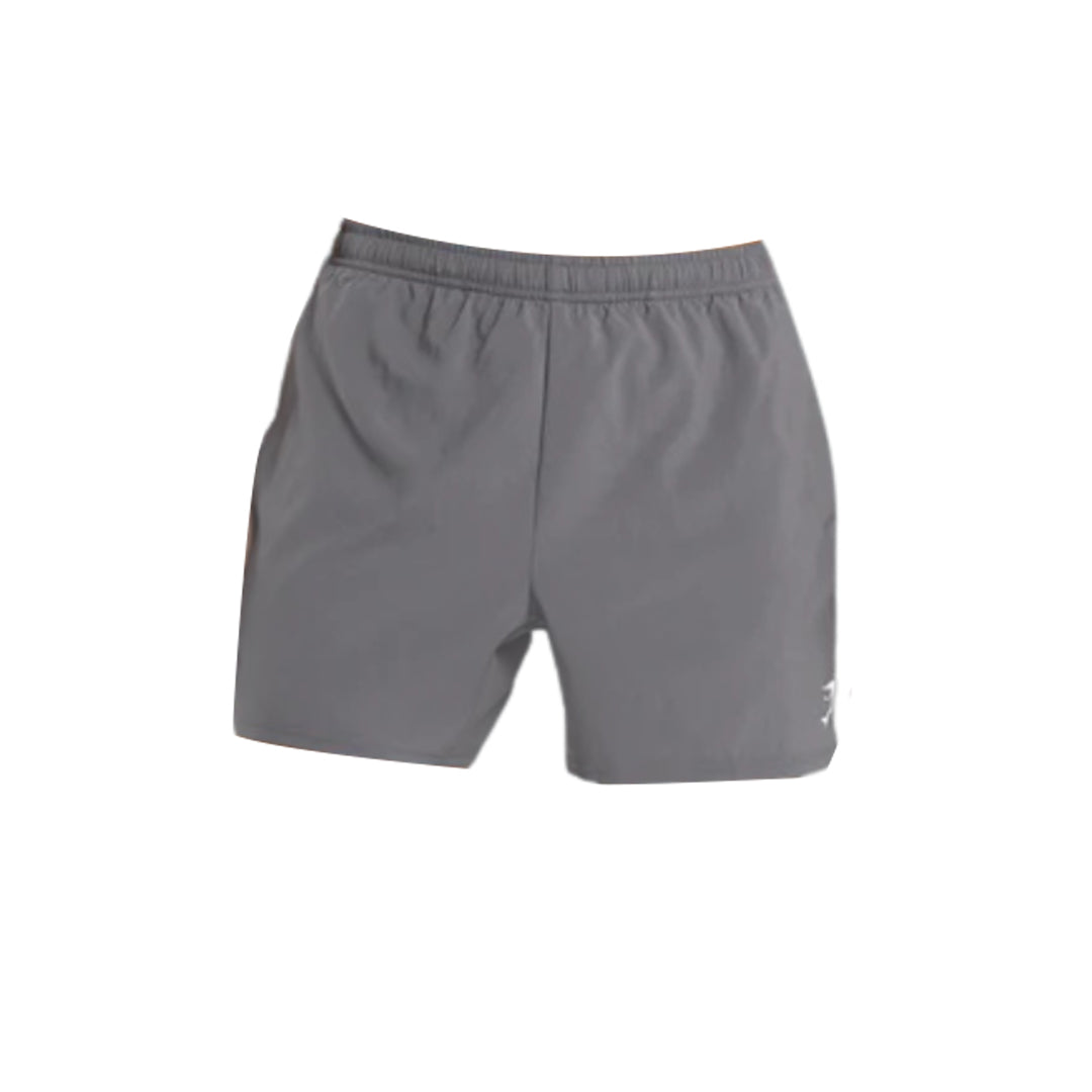 Gray Arrival 5" Shorts with an elastic waistband and a small logo on the lower right side. Ideal for workouts or casual wear.