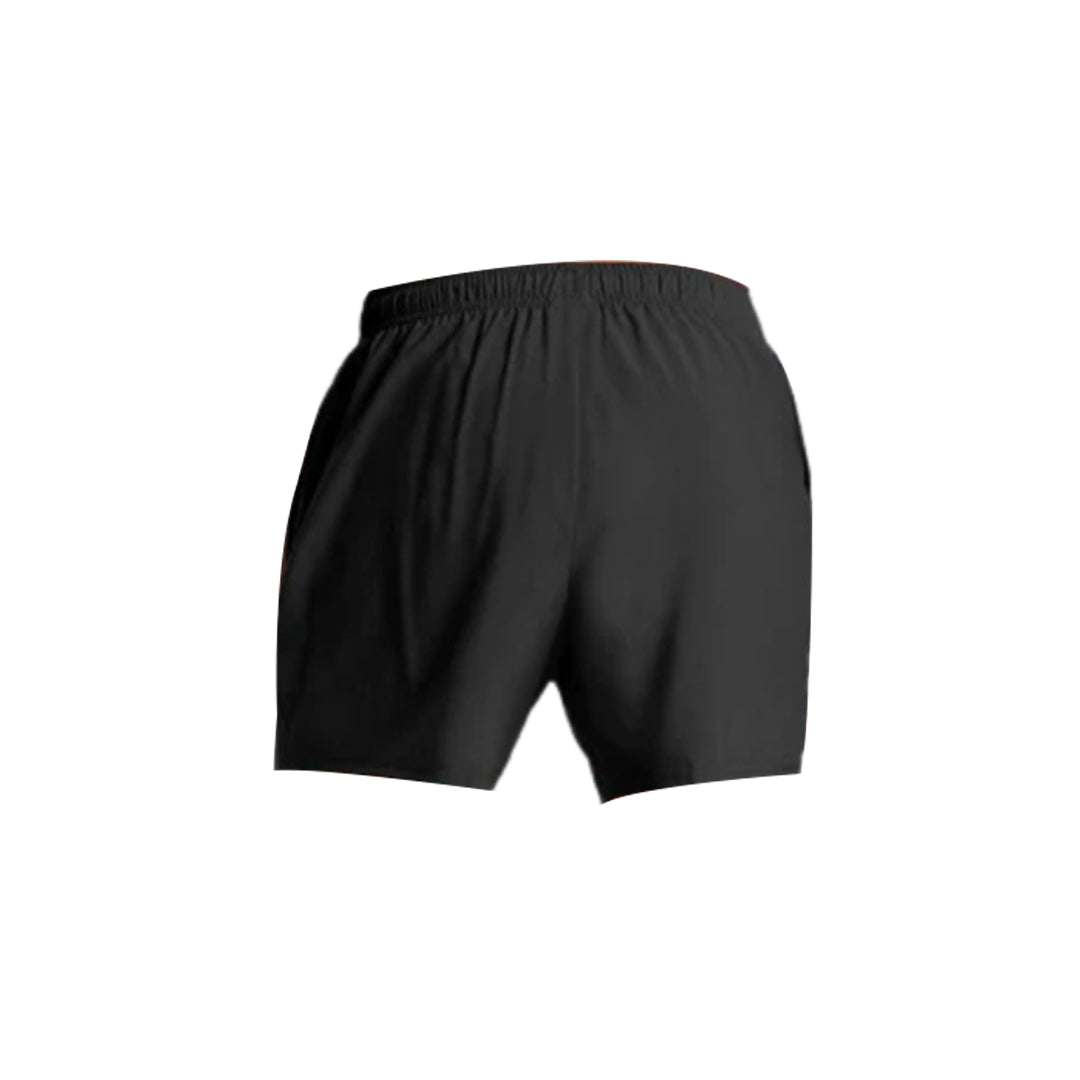 Back view of black athletic shorts featuring an elastic waistband and lightweight material, ideal for workouts and casual wear.