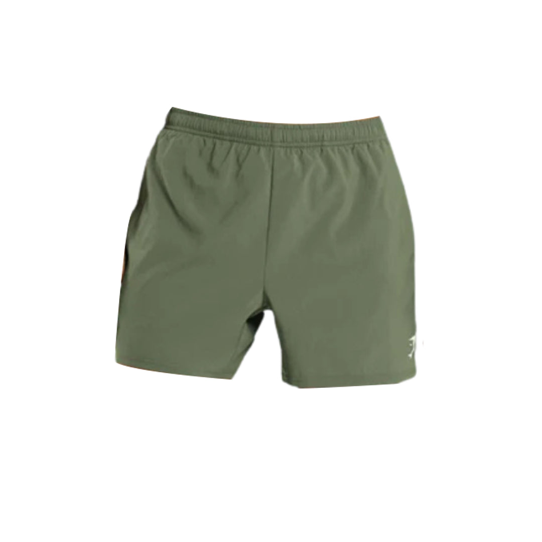 Olive green shorts with an elastic waistband and a small white logo on the front. Ideal for casual wear or athletic activities.
