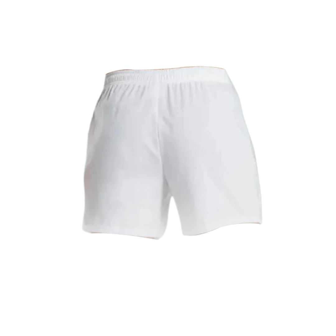 A pair of white athletic shorts viewed from the back, featuring an elastic waistband and a lightweight, breathable fabric.