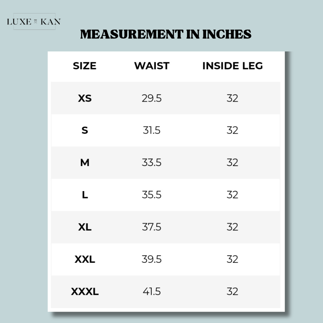 Size chart displaying waist and inside leg measurements in inches for XS to XXXL sizes by Luxe & Kan.