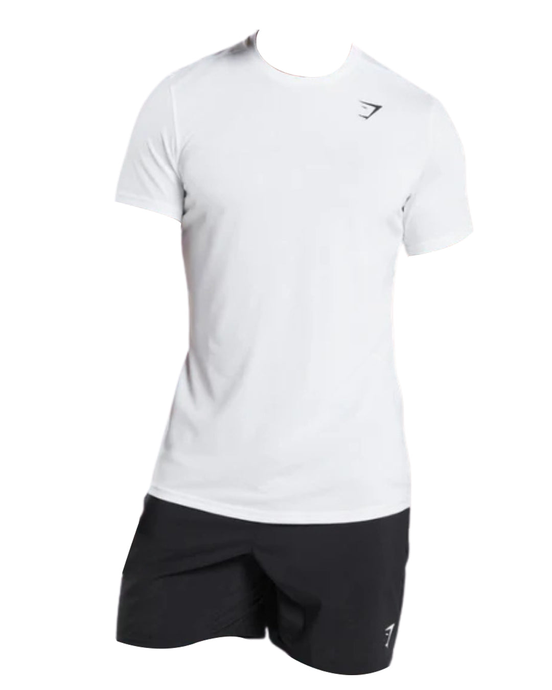 A plain white short-sleeve athletic shirt paired with black shorts, featuring a small logo on the top left side.