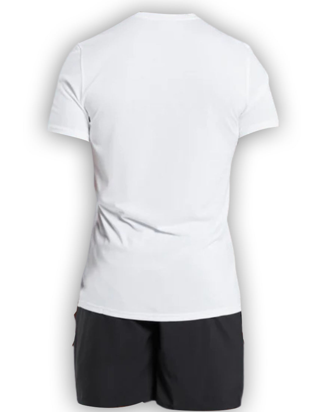 Back view of a fitted white arrival t-shirt paired with black athletic shorts, showcasing a sleek, minimalist design.