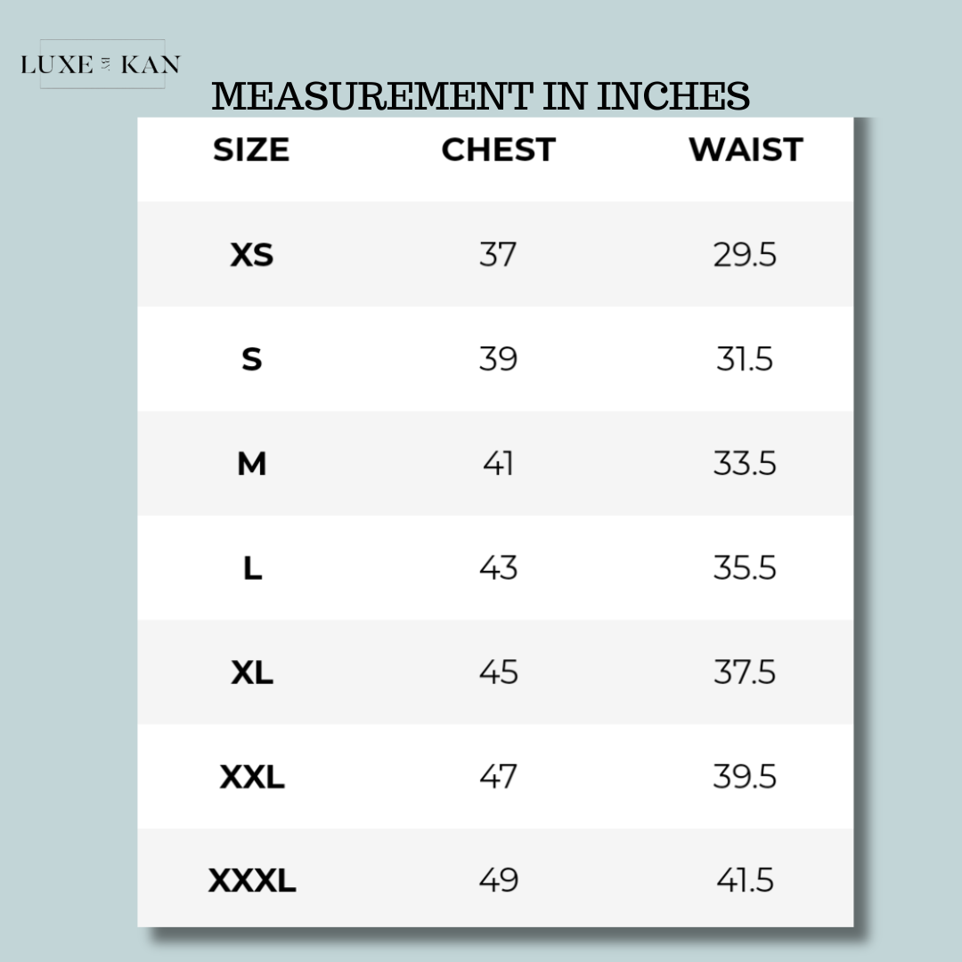 Size chart displaying measurements in inches for XS to XXXL, showing chest and waist sizes.