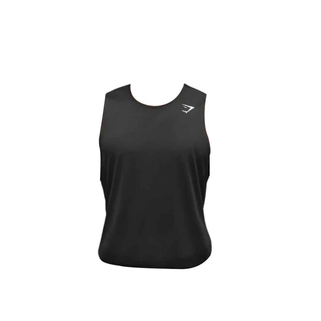 A men’s slim-fit sleeveless black Arrival tank top featuring a round neckline and a small white Gymshark logo on the upper left side.