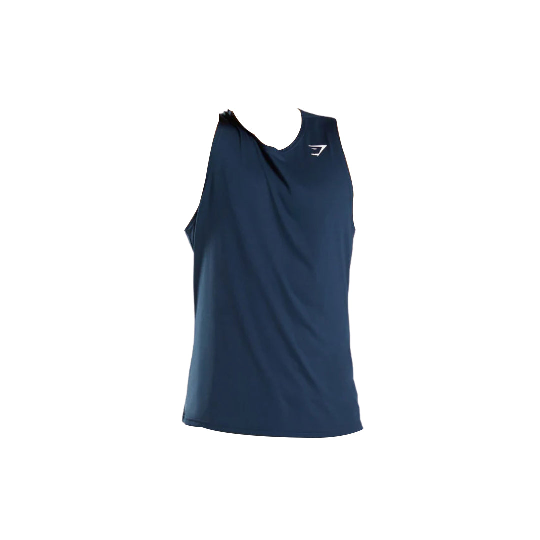 Men's dark navy sleeveless athletic shirt with a round neckline and logo on the chest, designed for comfort and performance.