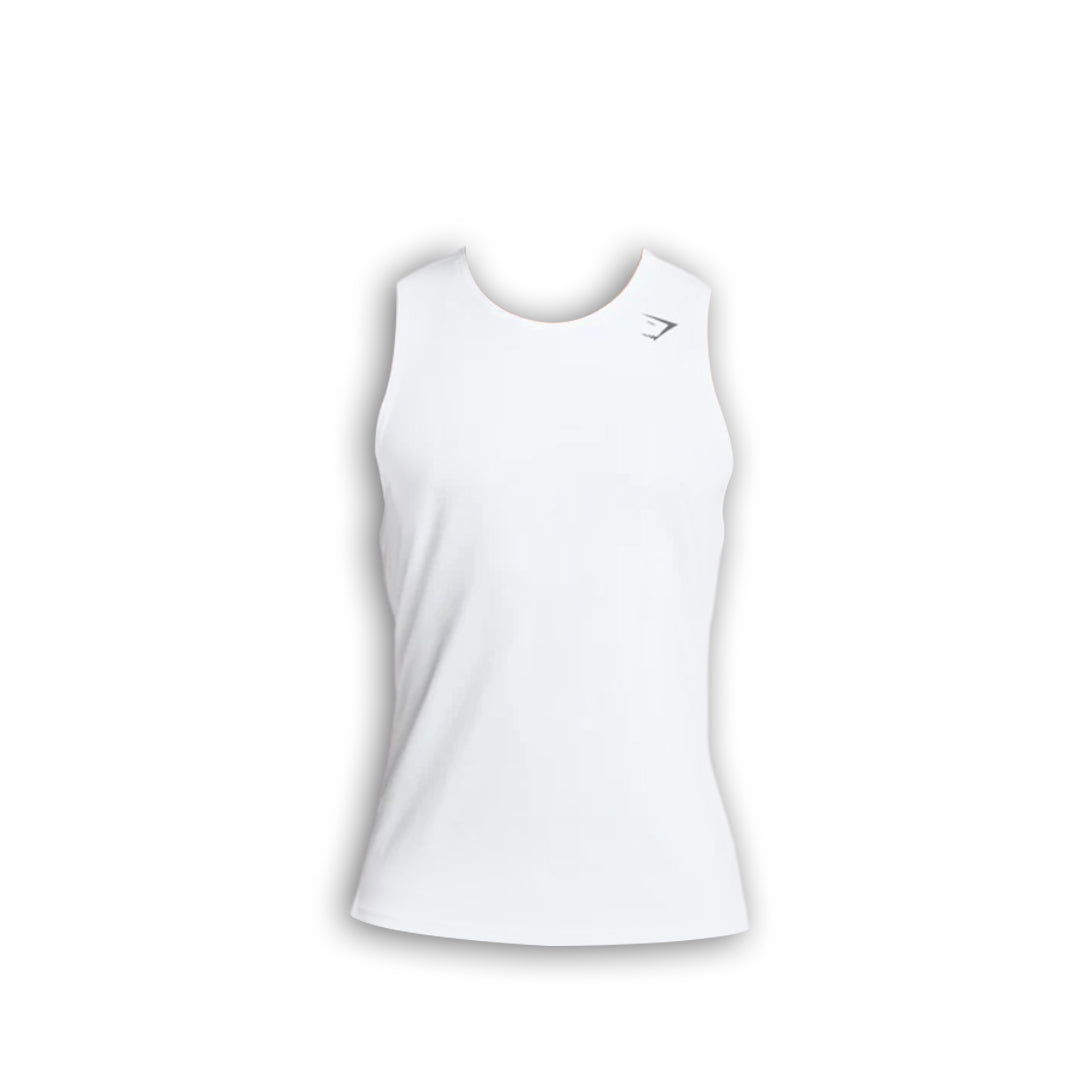 A plain white tank top with a round neckline and a small grey logo on the left shoulder.