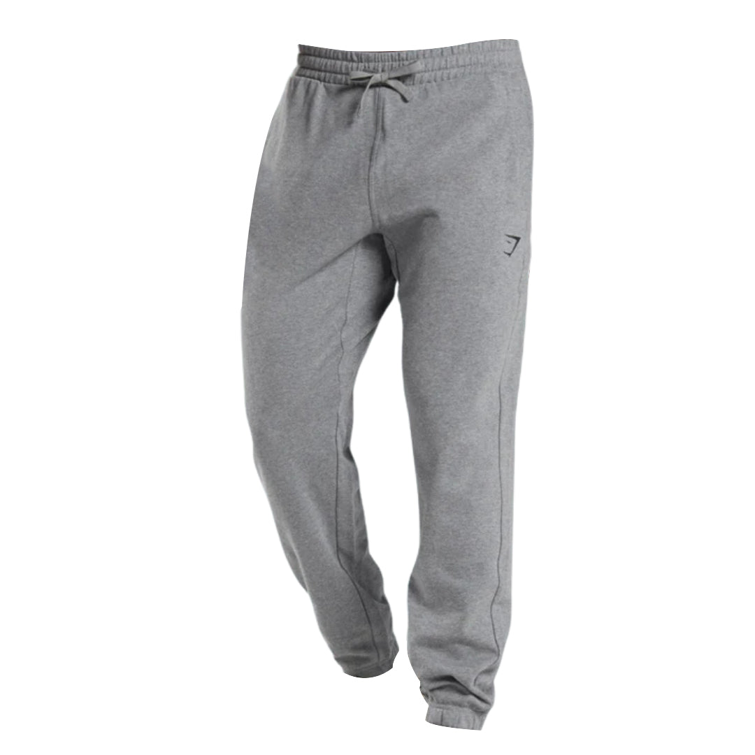 Gray sweatpants with a drawstring waistband and elastic cuffs, featuring a small logo on the side.