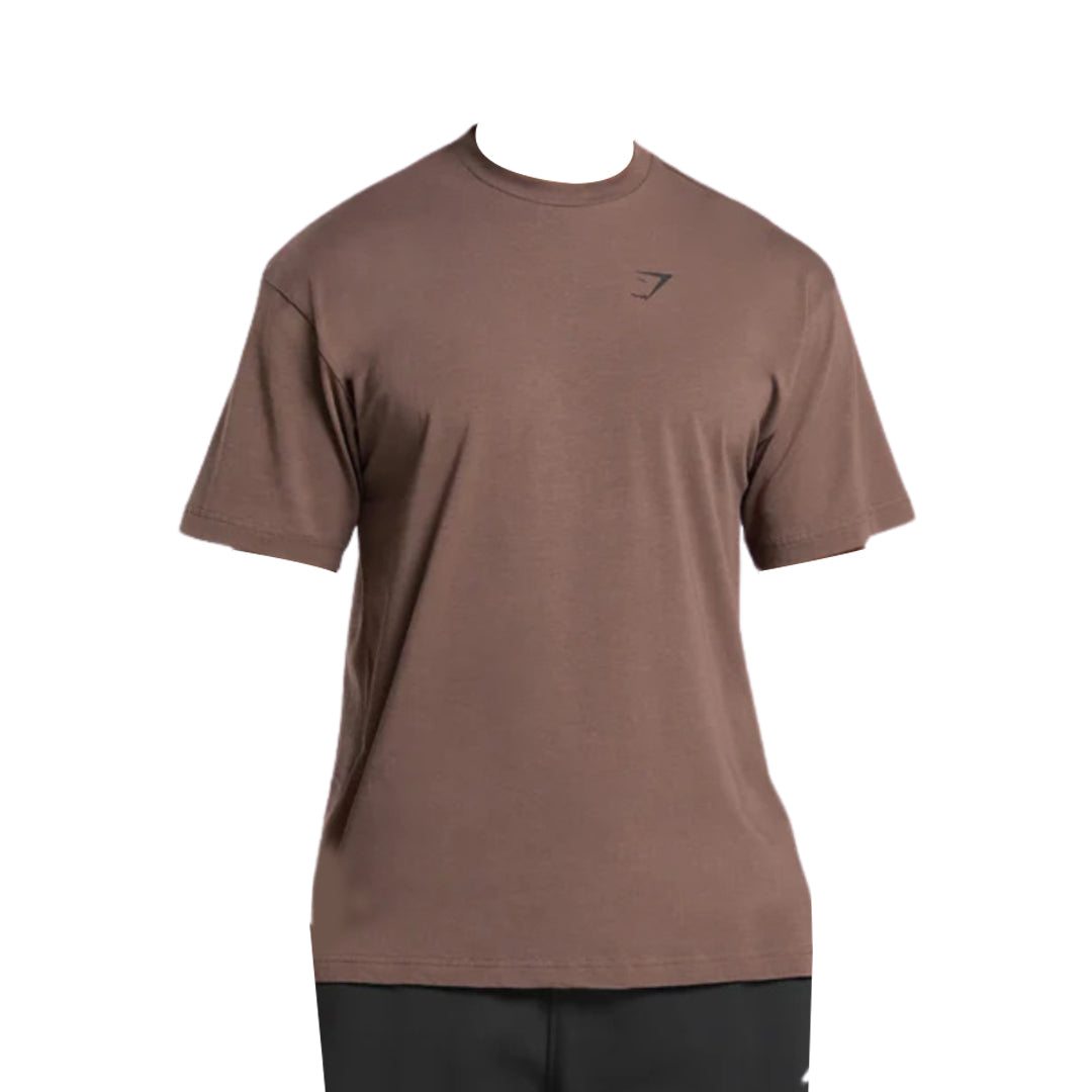 Brown short-sleeve t-shirt with a subtle logo on the chest, displayed without a model.