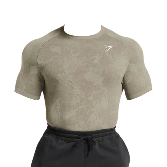 Light olive green short-sleeve fitted shirt with a subtle pattern, paired with black drawstring joggers.