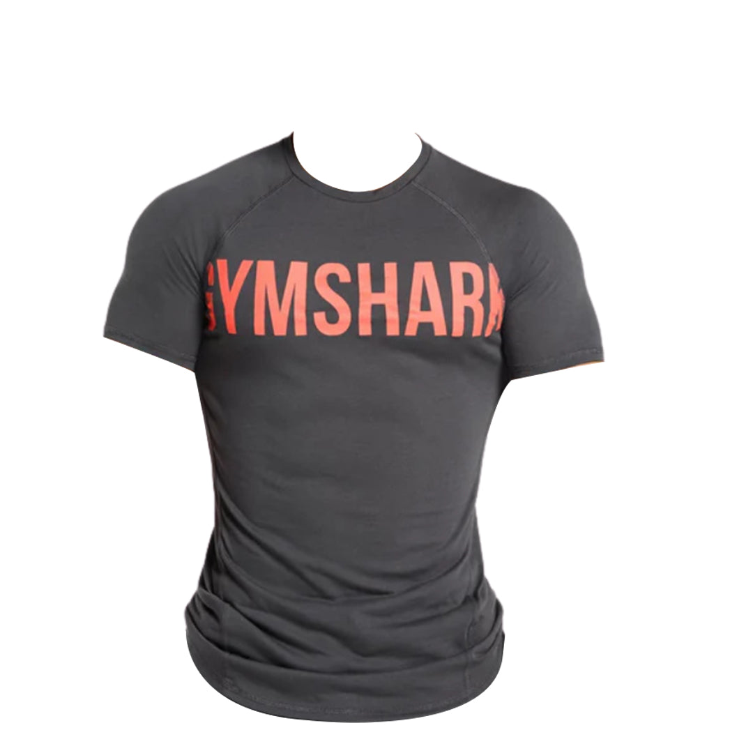 Black impact t-shirt featuring a bold "GYMSHARK" logo in red across the chest, designed for fitness enthusiasts.