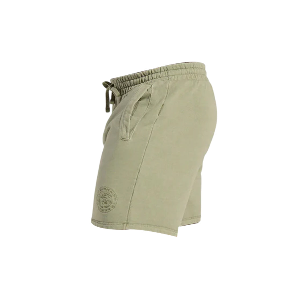 Gymshark men’s premium legacy shorts, olive green, featuring drawstring waistband, side pockets, and stitched logo detail.