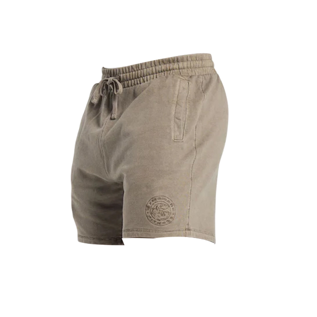 Gymshark premium legacy shorts in khaki, featuring elasticated waistband with drawstrings, and printed Gymshark logo on the left leg.
