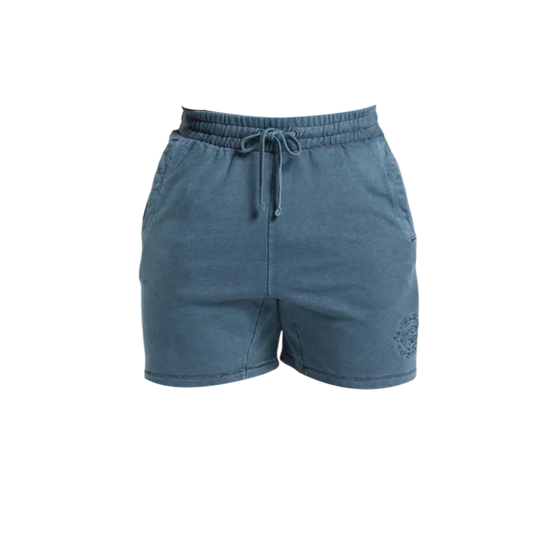 Gymshark men's premium legacy shorts in washed denim blue, featuring a drawstring waistband.