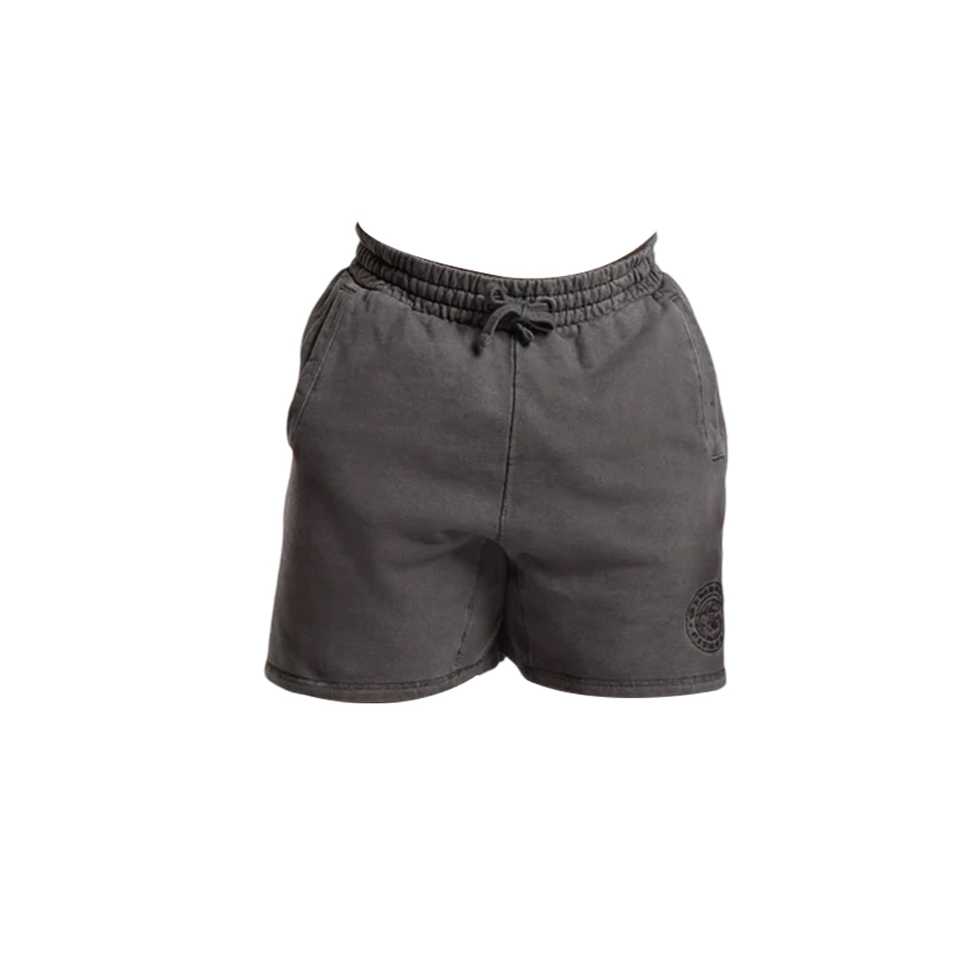Gymshark men premium legacy shorts in washed black with drawstring waist and logo on right leg.